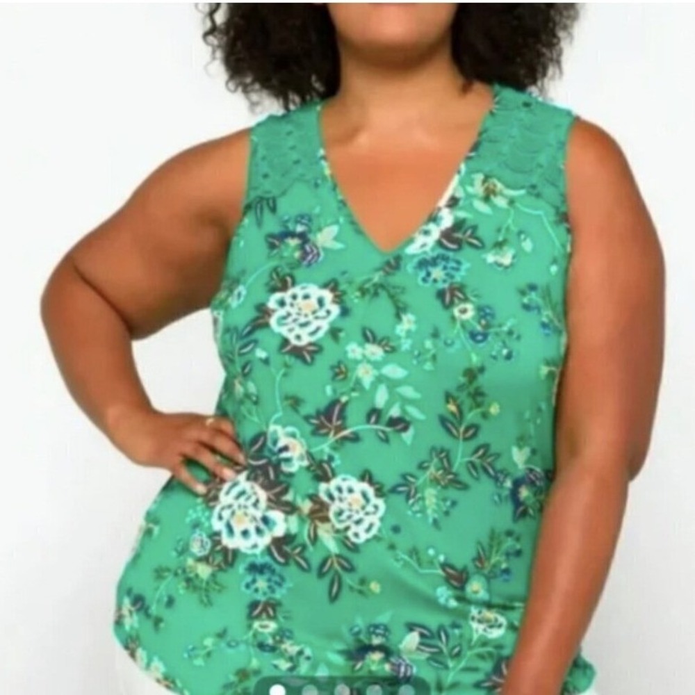 NEW Daniel Rainn Green Floral Lace V-Neck Sleeveless Blouse Womens 2X